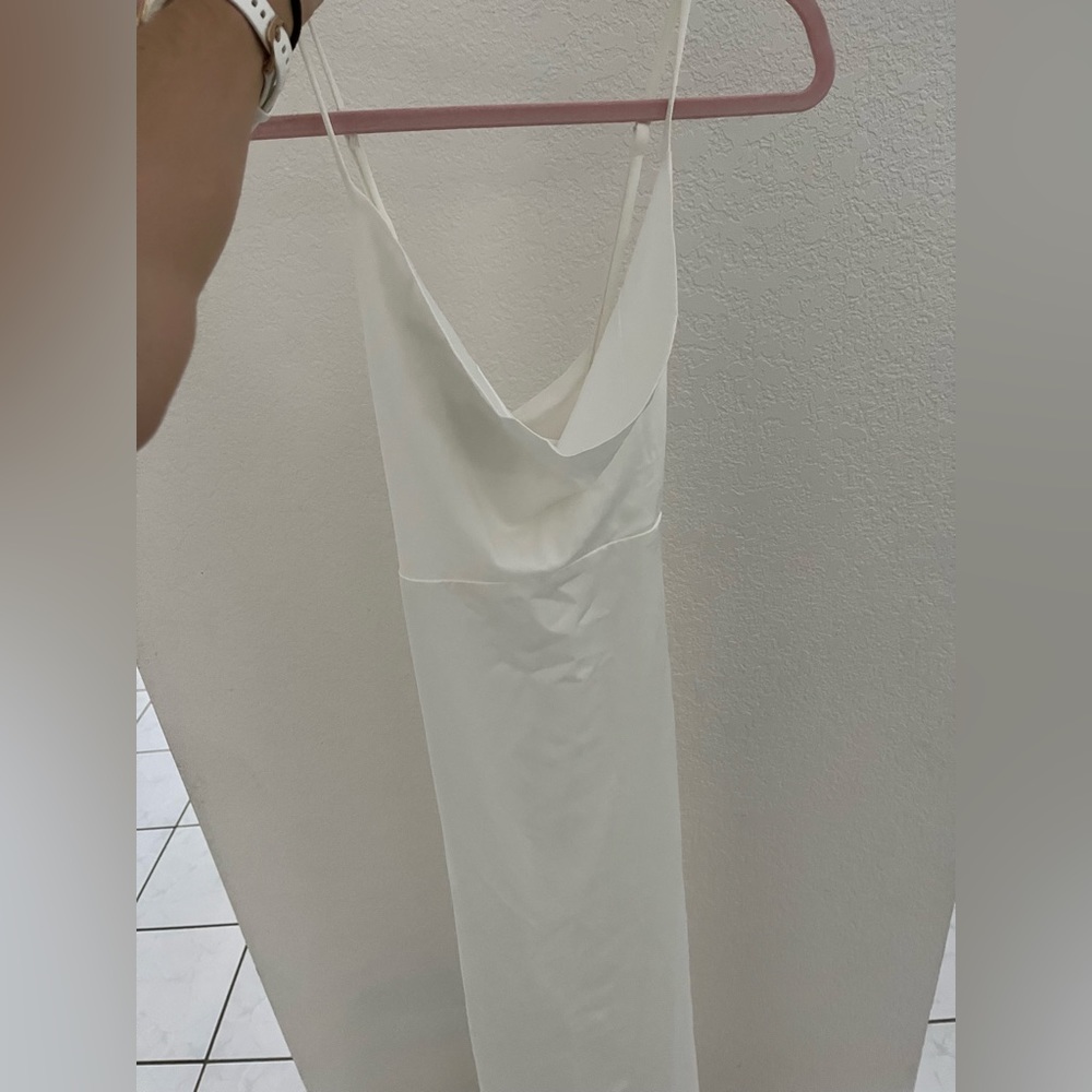 Lulus Long white dress with high slit, size Small. Never worn.